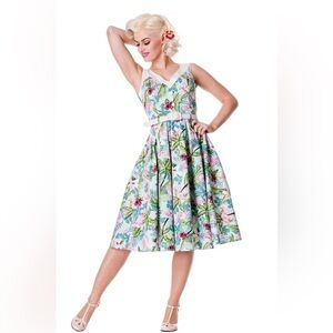 Vintage Hell Bunny Vixen Flamingo Tropical Print  Dress Womens M Floral Cotton